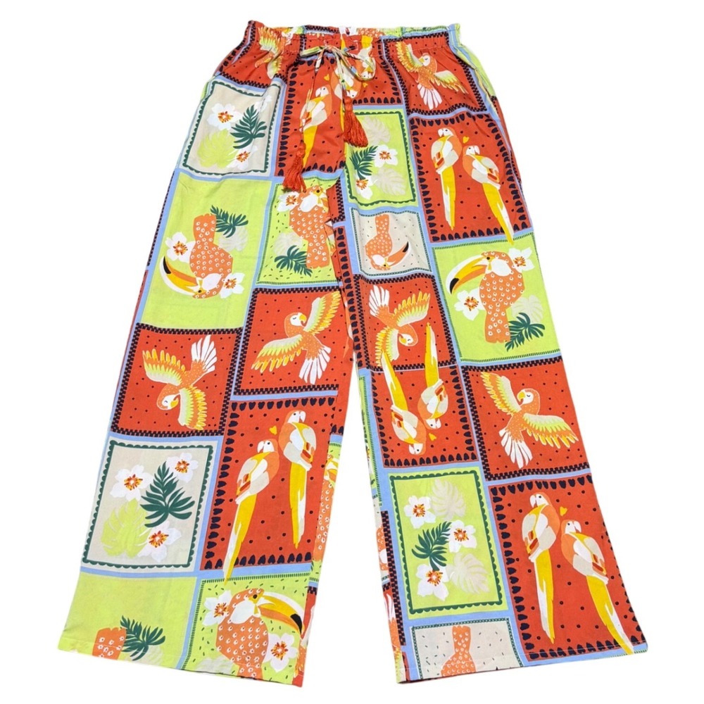Live 4 Truth Wide Leg Belted Palazzo Pants Parrot AOP Tassel Women L